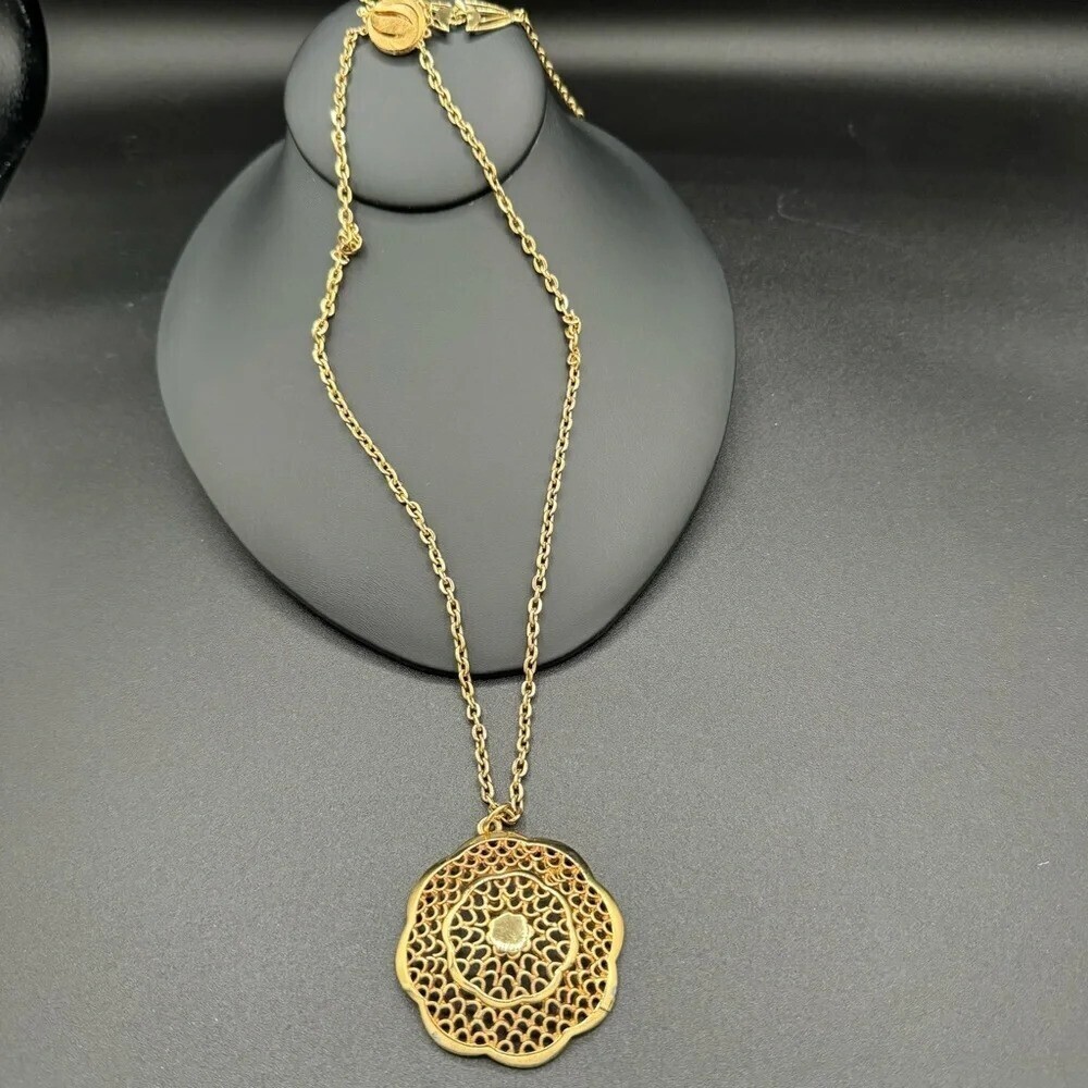 Vintage Multilayer Intricate Gold Tone Necklace with Large Pendant